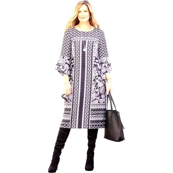 INC Black & White Print Bell Sleeve Shift Dress Size 1X 16 Plus Sz Classy Office - Picture 4 of 7